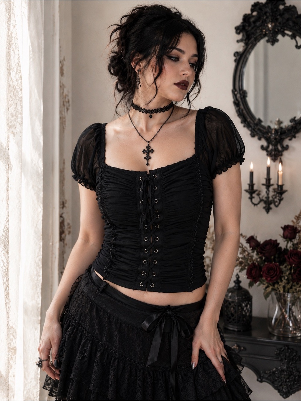 Mind Code Black Ruched Lace-Up Corset Top Size M